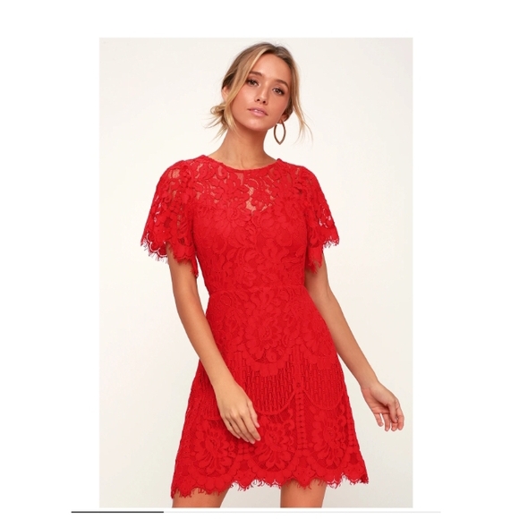 Lulus Dresses & Skirts - NWOT Lulus Dress Pearson Red Lace Short Sleeve Dress With High Neck Line